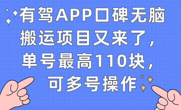 有驾APP口碑无脑搬运项目又来了，单号最高110块，可多号操作-爱省资源网