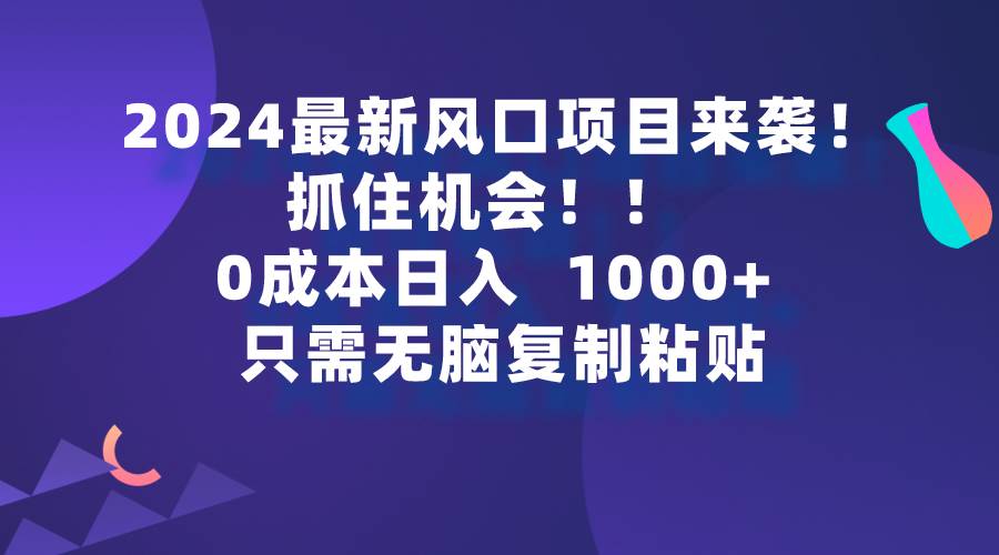 2024最新风口项目来袭，抓住机会，0成本一部手机日入1000+，只需无脑复…-爱省资源网