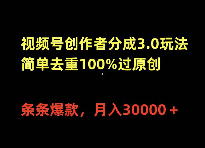 视频号创作者分成3.0玩法，简单去重100%过原创，条条爆款，月入30000＋-爱省资源网