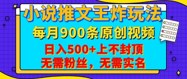 小说推文王炸玩法，一键代发，每月最多领900条原创视频，播放量收益日入5张，无需粉丝，无需实名【揭秘】-爱省资源网
