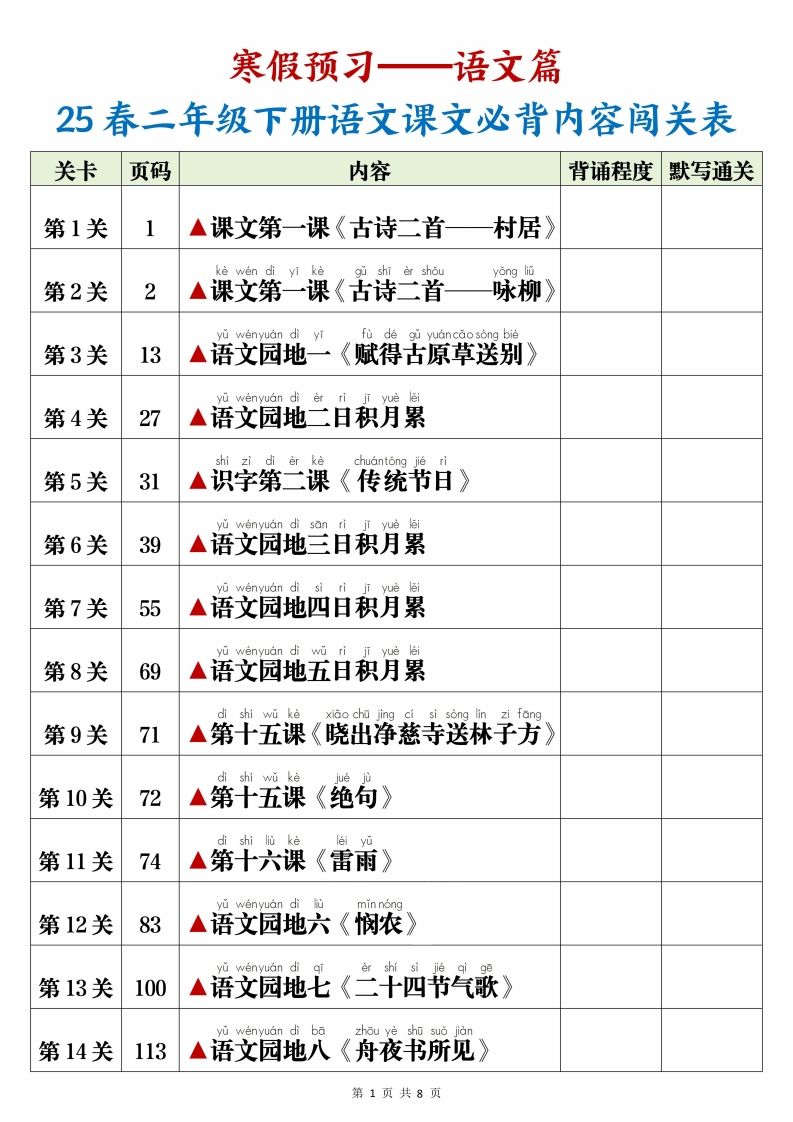 25春二下语文课文必背内容闯关表+默写8页-爱省资源网