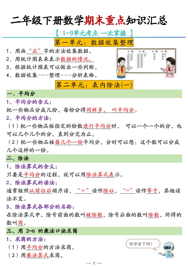 二年级下册数学期末重点知识汇总-爱省资源网