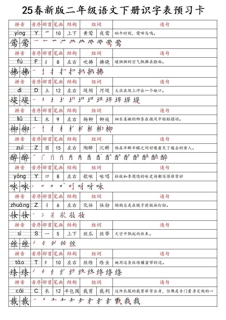 25春新二下语文识字表预习卡（组词造句拼音部首笔画笔顺结构）47页-爱省资源网