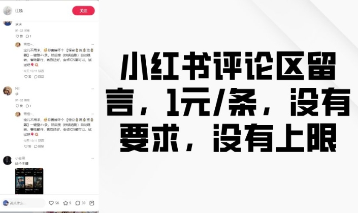 小红书评论区留言，1元条，没有要求，没有上限-爱省资源网
