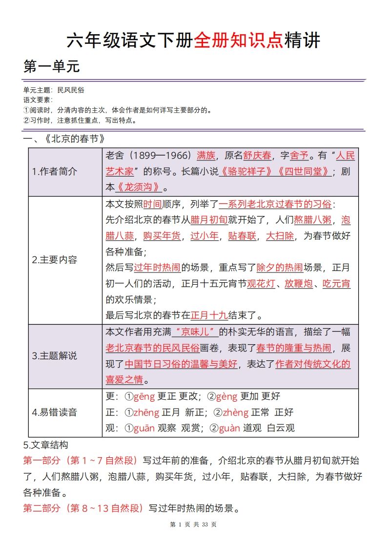 六年级语文下册全册知识点精讲33页-爱省资源网