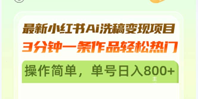 最新小红书Ai洗稿变现项目 3分钟一条作品轻松热门 操作简单，单号日入800+-爱省资源网